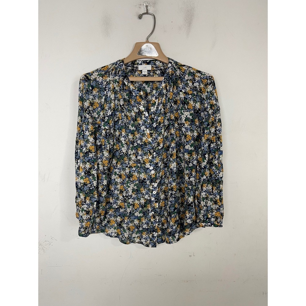 J. Jill Ditsy Floral Button Front Rayon Blouse Blue Yellow Petite Medium